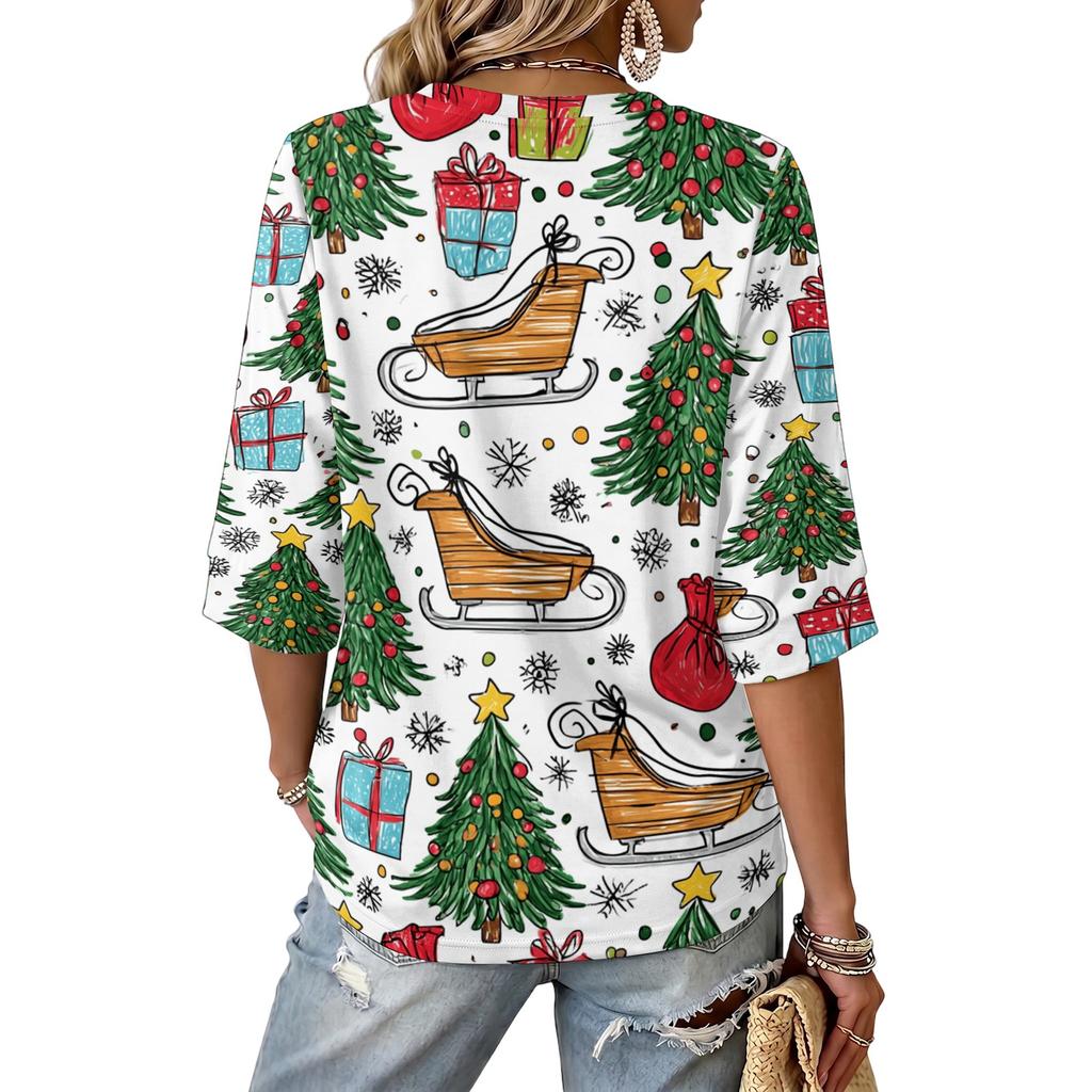 Women's V-neck Christmas print three-quarter sleeve lightweight top