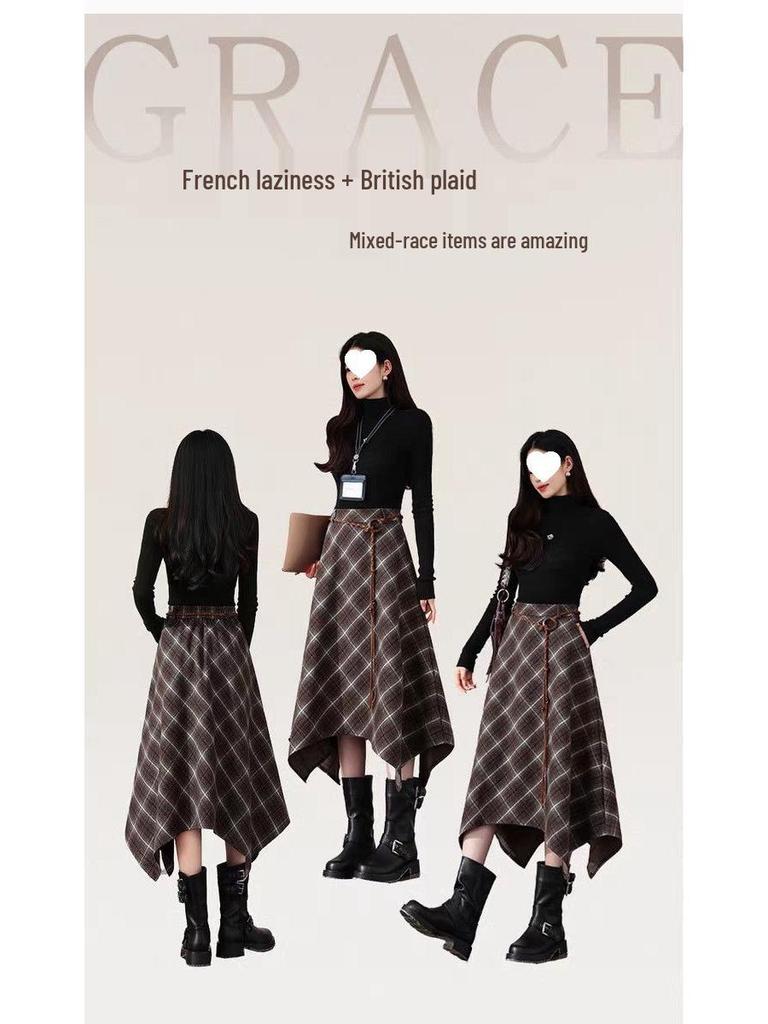 Women's Retro Irregular Plaid Woolen A-line Long Skirt - Autumn/Winter 2025 Collection