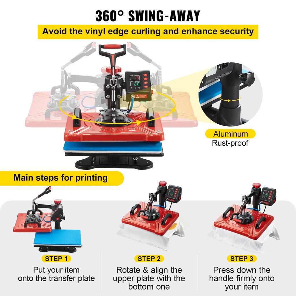VEVOR Heat Press 30.5x38.1 Cm 10 In 1 Heat Press 1000W Heat Press Machine with 360 Degrees Rotation Swing Away Red Heat Press T-Shirt Sublimation