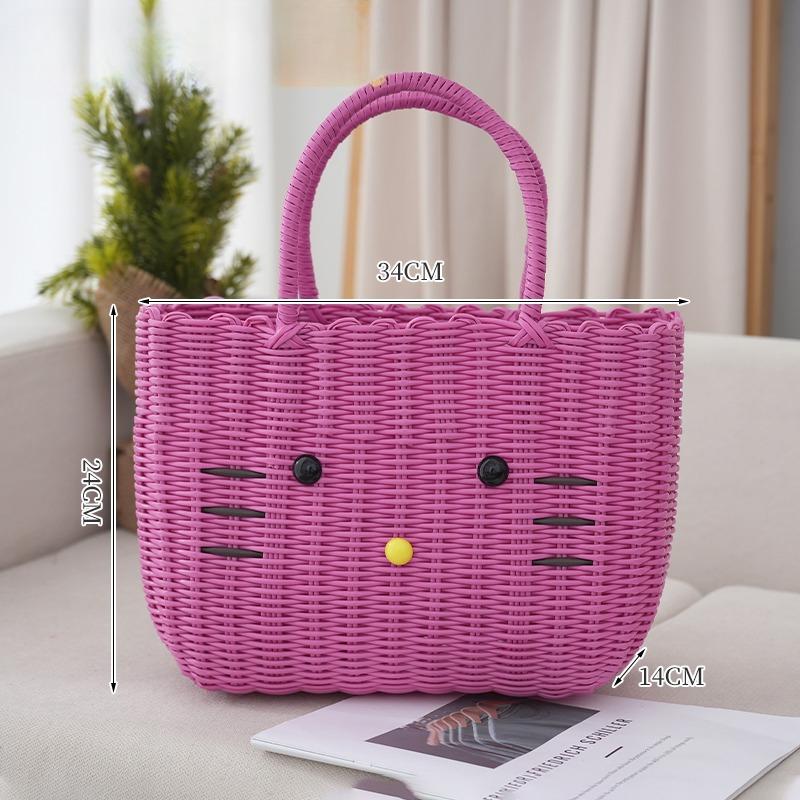 Cute Cat PVC Woven Bag Large Capacity Organizer Bath Shopping Basket Portable Baskets with Handles Beach Bag Vegetable Basket