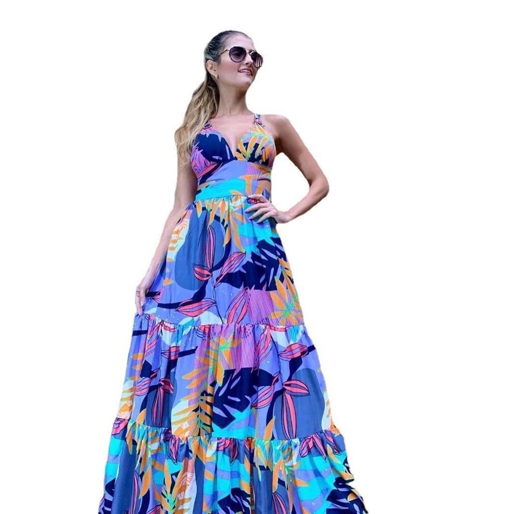 Spring And Summer New European And American Women'S Clothing Fashion Printed Sexy Dress, Suspender Deep V Sleeveless Backless Dress