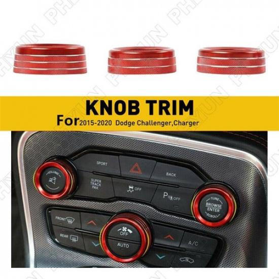 3x Red AC Radio Switch Decor Ring Knob Cover For 15-20 Dodge Challenger Charger