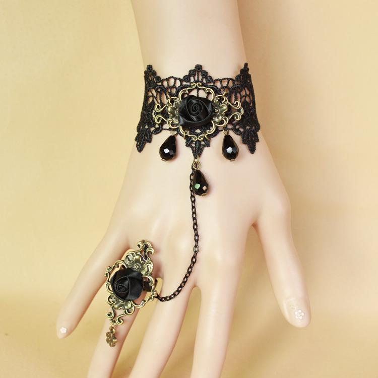Gothic Vintage Black Rose Crystal Lace Bracelet with Ring Jewelry GS126 Feng Wing Accessories