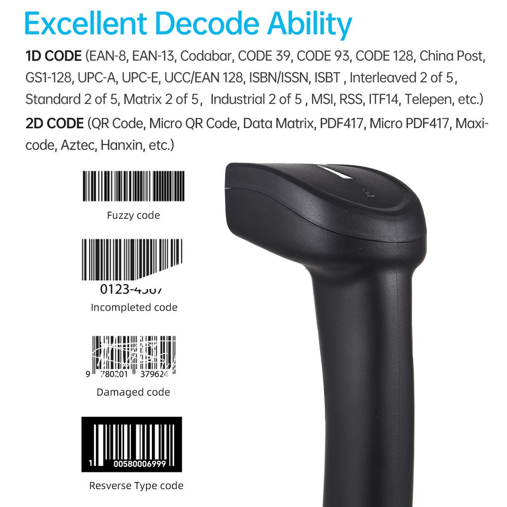 2D Wireless 2.4G Barcode Scanner Handheld USB Wired 1D Bar Code Reader Manual Trigger 640*480 CMOS Scanning Support