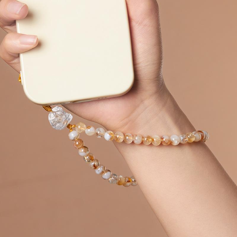 Original design natural yellow citrine crystal phone chain, golden rutilated quartz, white crystal lion pendant phone strap for women