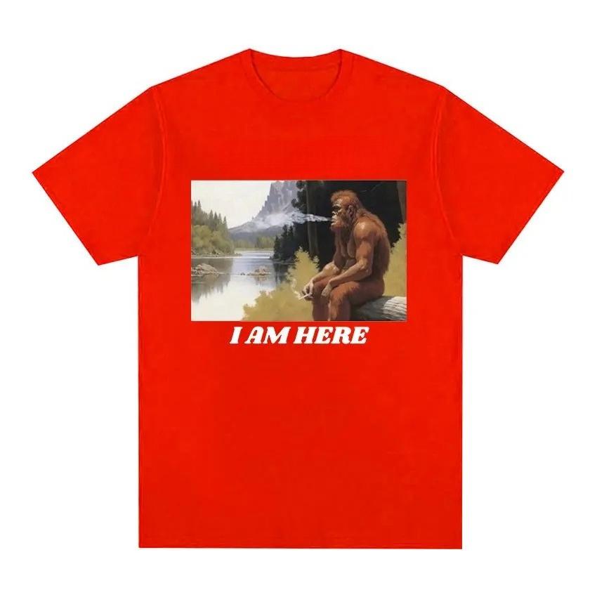 I Am Here Monkey Funny Meme Pattern T-shirt Men's and Women's Retro Fashion Short Sleeved T-shirt Y2k Clothing Couple Outfit