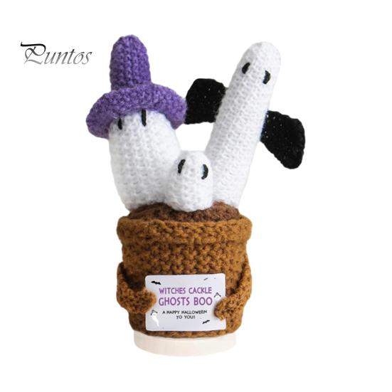 Portable Travel Friendly Charm Hand Knitted Halloween Ghost Ornament, Crochet Plush Doll with Whimsical Witch Hat Pumpkin Encouragement Card,