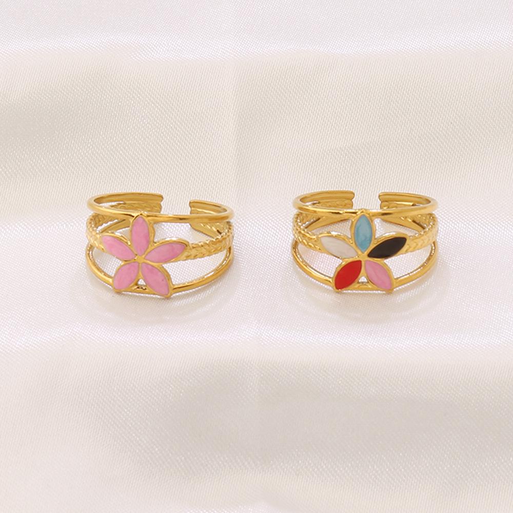 Five-Petal Resin Flower 18K Gold Plated Stainless Steel Adjustable Ring for Women