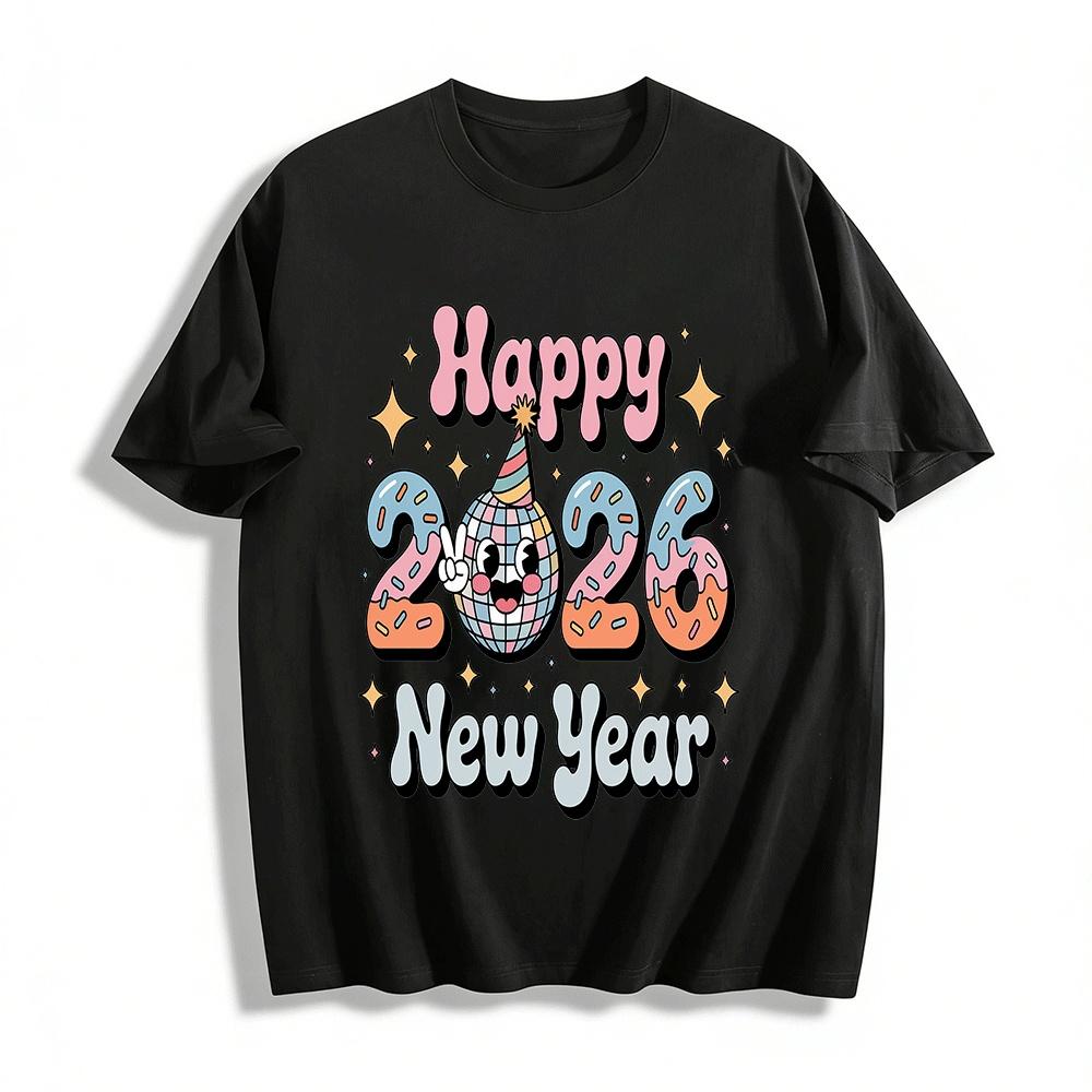 2026 Happy New Year Donut Disco Ball Graphic Casual Top Pure cotton T-shirt XXS