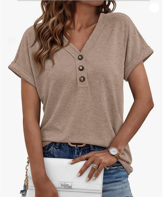 Women's Loose Fit Henley V Neck T‑Shirt Rolled Short Sleeve Casual Summer Daily Wear Blouse Top