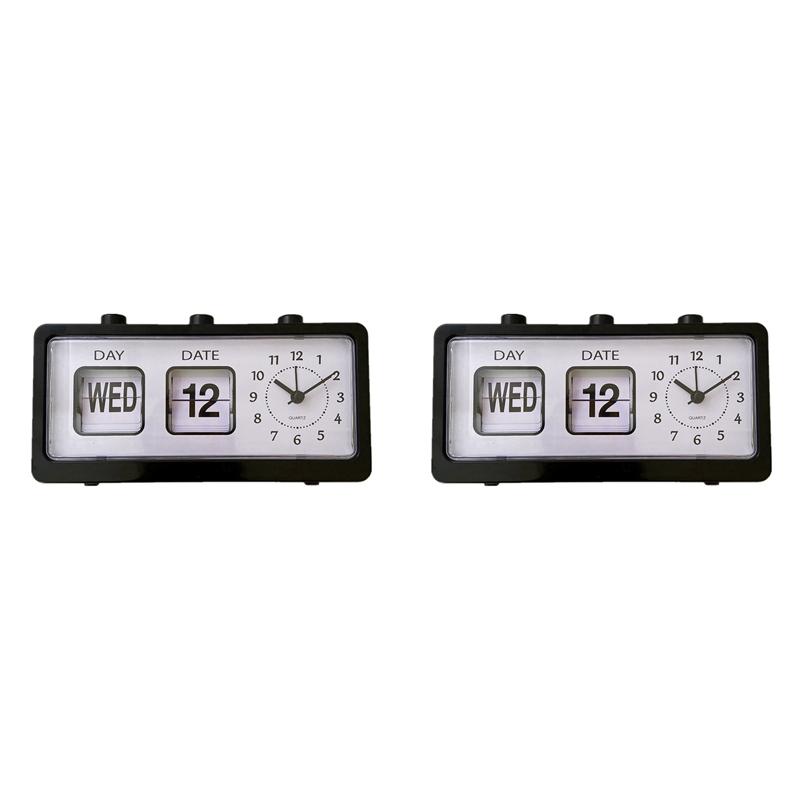 2X Mechanical Alarm Clock Novelty Flip Clock Desktop Digital Clock With Calendar Clock Home Decor Retro Decor,Black