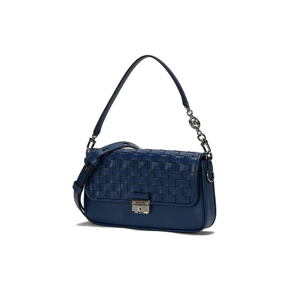 Michael Kors MK Bradshaw Woven Flap Metal Buckle Logo Faux Leather Baguette Bag Women handbags Dark-Blue 30S1S2BL1T-DK-MOUNTAIN