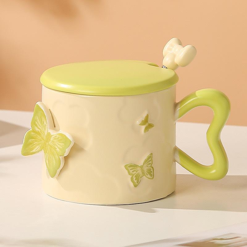 Creative Embossed Butterfly Personalized Ceramic Mug As A Souvenir Coffee Cup with Lid and Spoon High Looking Small Fresh Water Cup