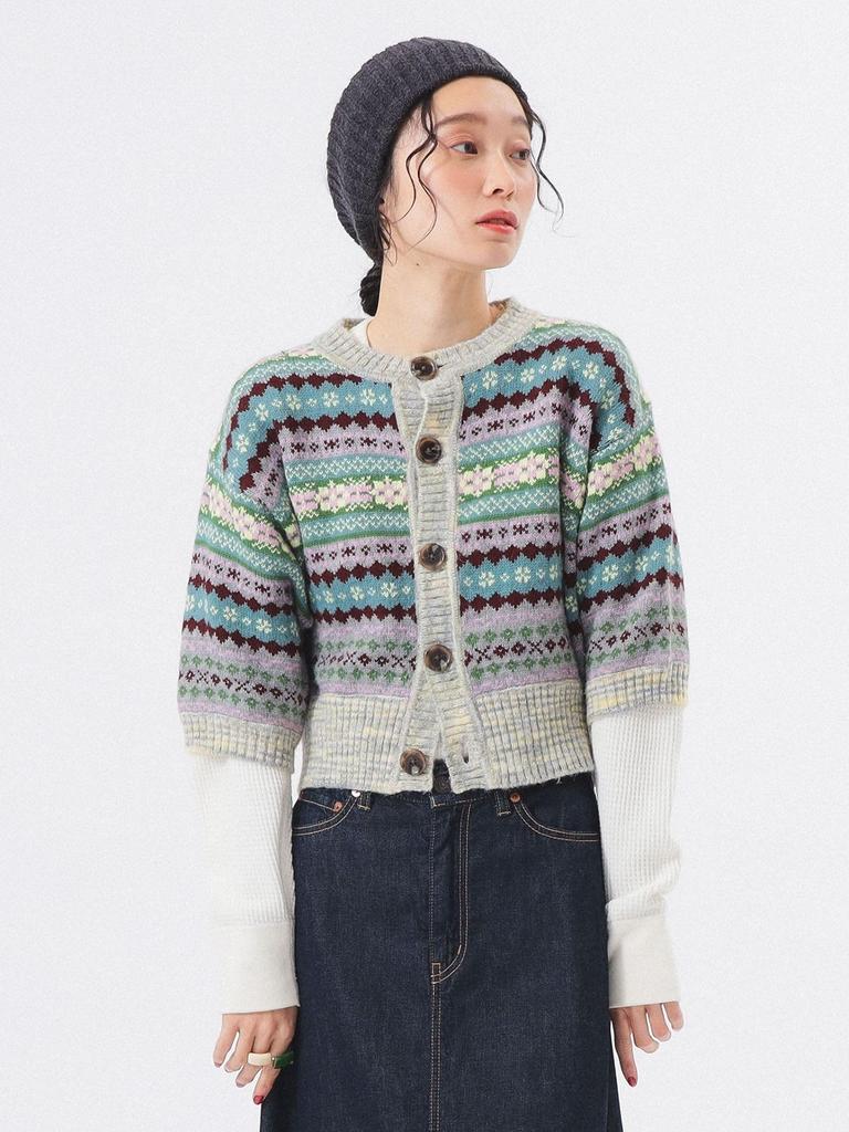 Beams Boy Women's Fair Isle Knit Vest, 5/8 Sleeve Cardigan, Gray, One Size