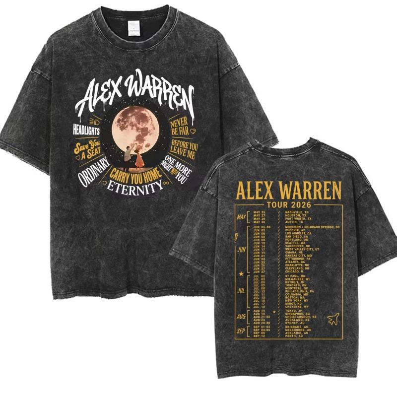 Alex Warren Moon Kunstwerk Musiktour 2026 Vintage Washed T-Shirt Herren Damen Mode Punk Hip Hop T-Shirts Sommer Oberteile Lockeres T-Shirt