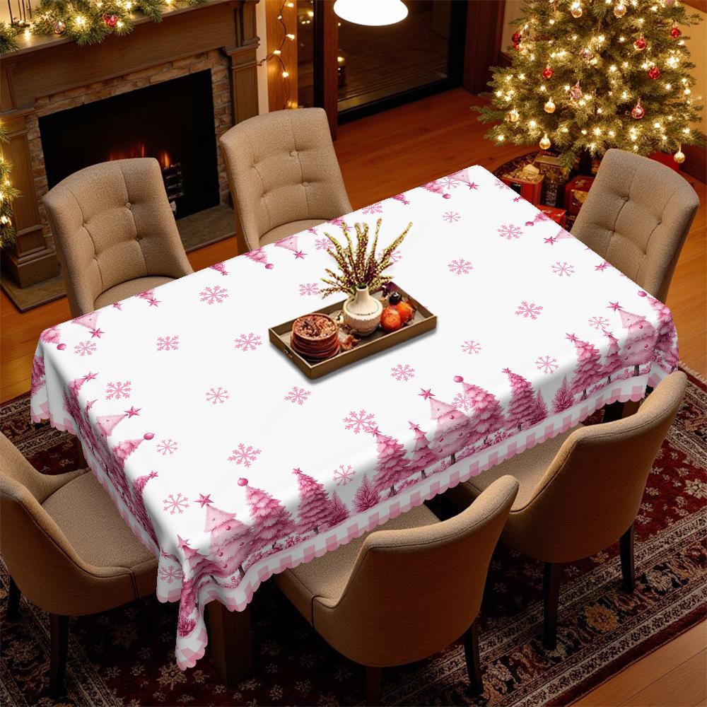 Christmas Pink Christmas Tree Printed Tablecloth, Snowflake Element Round Table Cloth, Festive Atmosphere Coffee Table Cloth