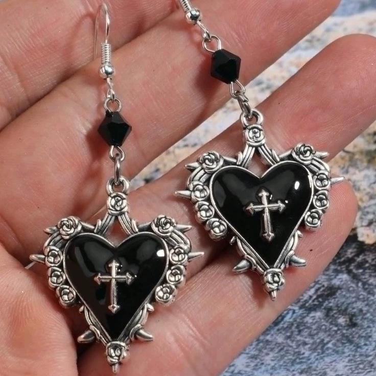 Gothic Rose Cross & Thorn Heart Pendant Earrings with Black Beads - Y2K Style чёрный