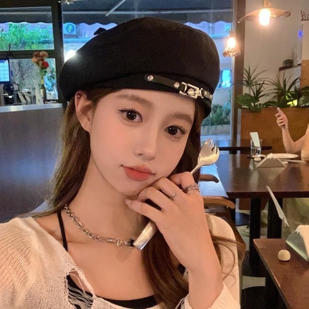 Big Head Circumference Metal Buckle Octagonal Hat Solid Color Painter Cap Vintage Beret Hat  Women