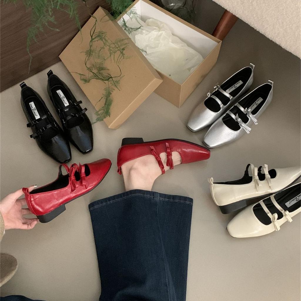Korean version of temperament evening style design sense double bow French retro Mary Jane thick heel 2025 autumn single shoes women's shoes