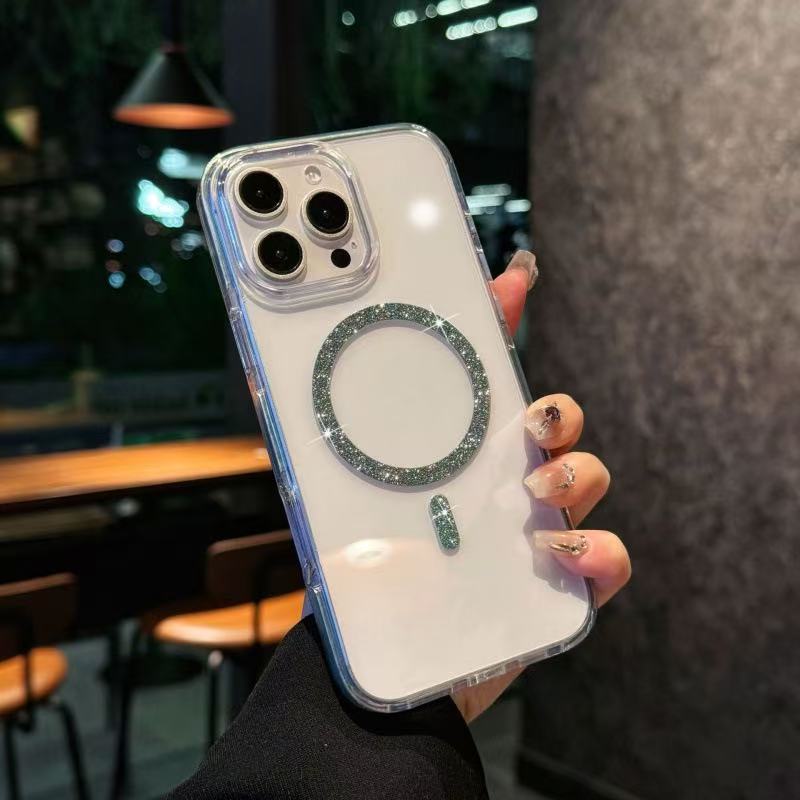 

Магнитный чехол для телефона подходит для Apple 16pro Прозрачный мигающий розовый круглый чехол для iPhone 15/14 Защита от падения Apple 16E зелёный