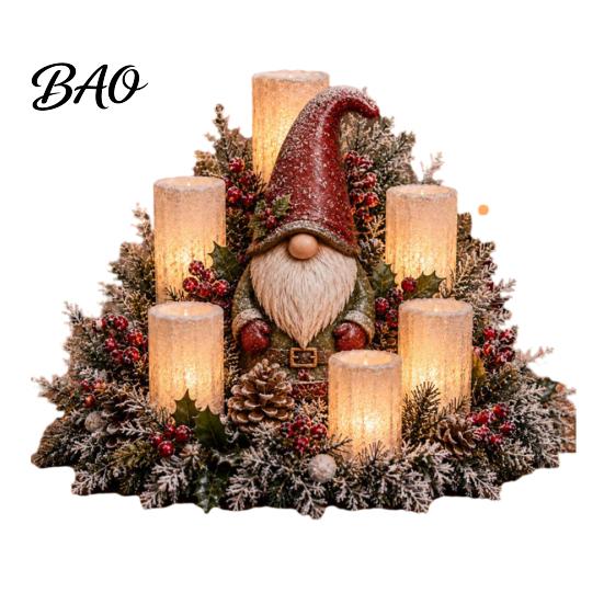Vánoční dekorace na krb LED svíčka jako středový prvek s umělým cedrem, borovými šiškami a červenými bobulemi, Vnitřní zimní stolní dekorace, Bezplamenná sváteční