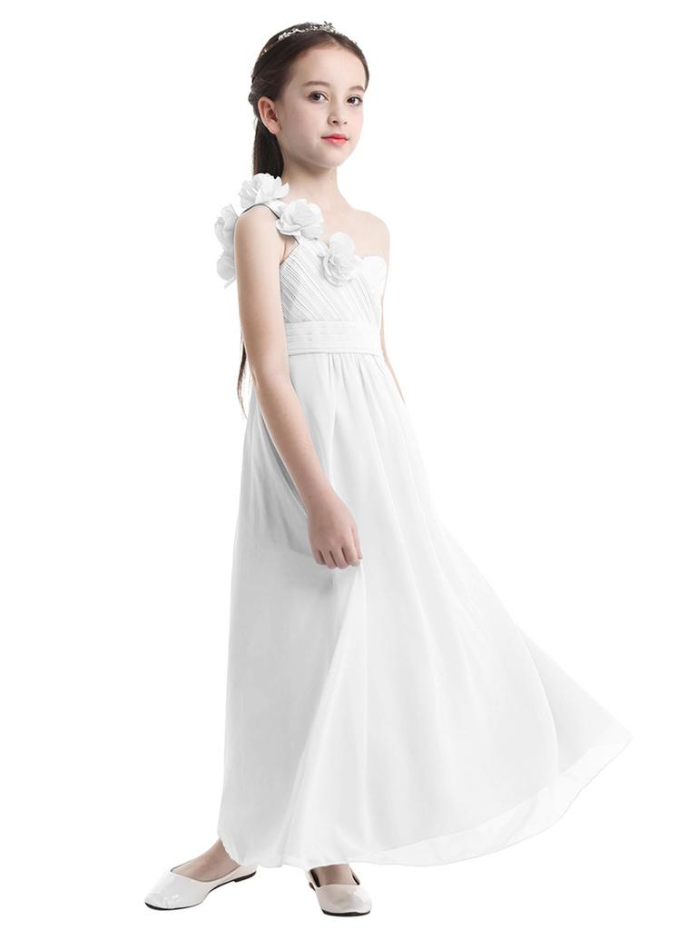 Bridesmaid Dress Kids Girls Elegant Formal Chiffon One-shoulder Dress Wedding Party Ball Gowns