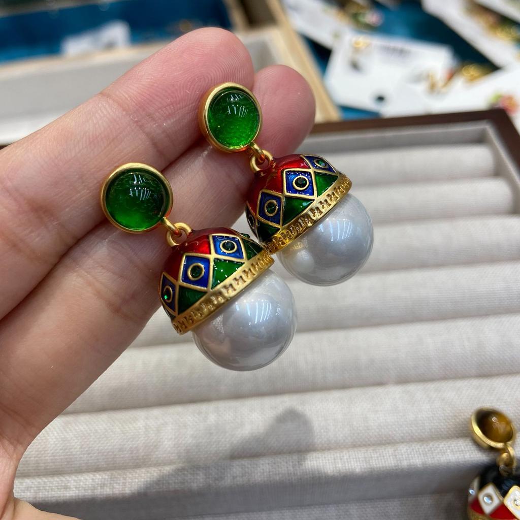 Original Retro Court Style Drip Oil Enamel Chinese Earrings Pearl Earrings, High-End Sense Light Luxury Temperament Medieval Earrings