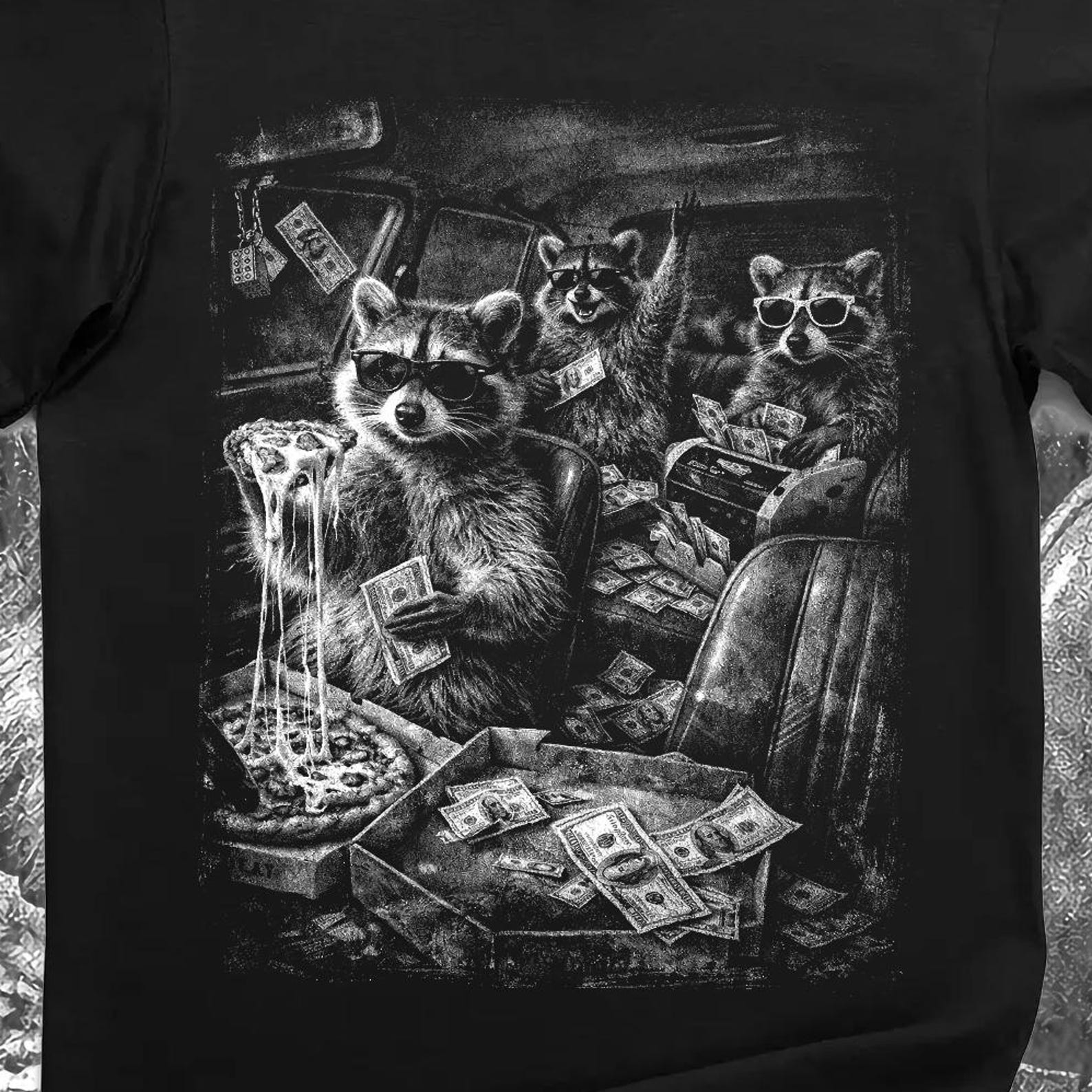 Raccoon Gang Pizza Shirt, Funny Trash Panda Meme Tee, Chaotic Raccoon Party Graphic 2XL