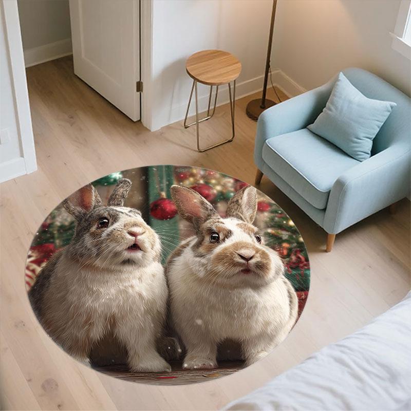 Two Rabbits pattern round rug,Carpet Rug for Living Room Bedroom Playroom ,Non-slip Floor Mat,Holiday Gifts and Birthday Gifts.