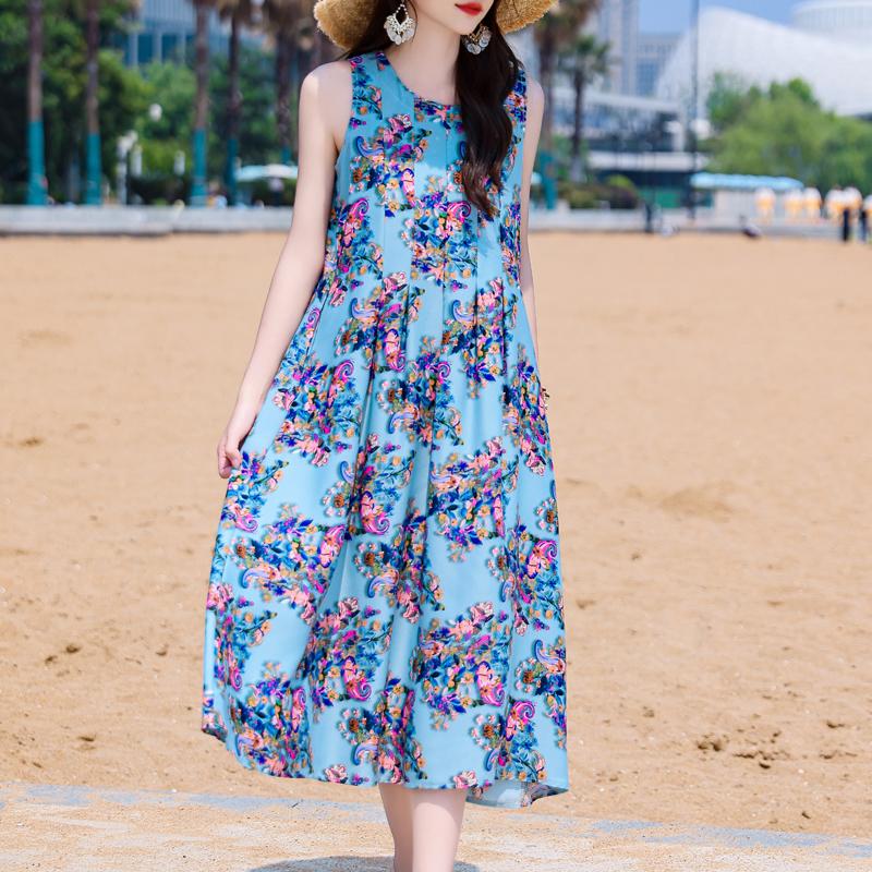 Elegant Sleeveless Beach Dresses For Woman Plus Size Casual Loose Vintage Print Long Dress Summer Women's Clothing