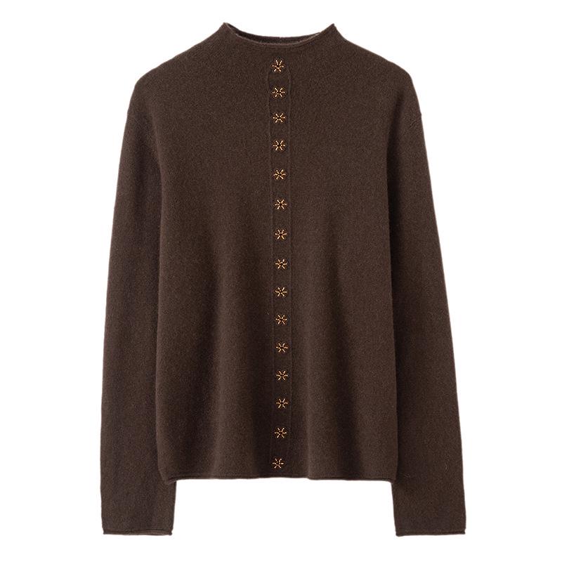 Lekasha Pure Cashmere Hand-Beaded Half-High Collar Cardigan Coat for Women