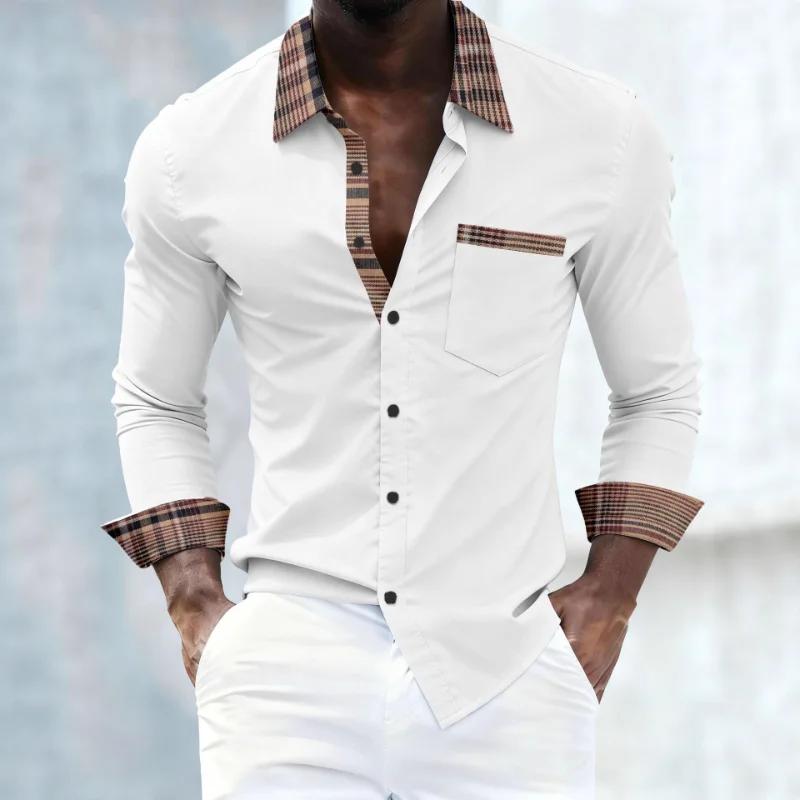 Herren Hemd mit Kontrast-Karomuster-Besatz, lässiges Langarm-Hemd zum Knöpfen mit Tasche