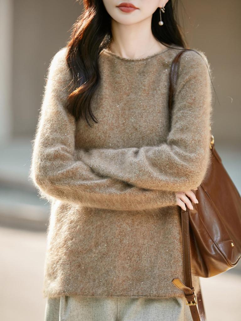 Women's Round Neck Loose Fleece Wool Sweater with Rolled Hem, Soft and Fluffy, Sequin Yarn, Autumn Winter Cashmere Pullover.