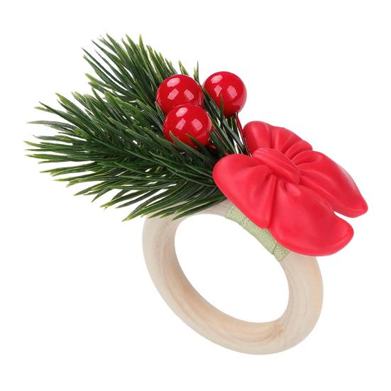 Gift for Christmas Home Decor Mini Napkin Ring, Small Red Bow Wooden Holder with Seasonal Tabletop Accessories Berries Pine Cones New Year Party