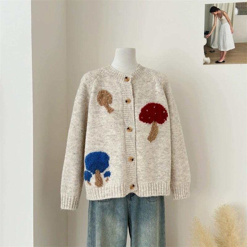 

Mushroom house series autumn new cute mushroom cardigan female cartoon gray sweater jacket top average size верблюд