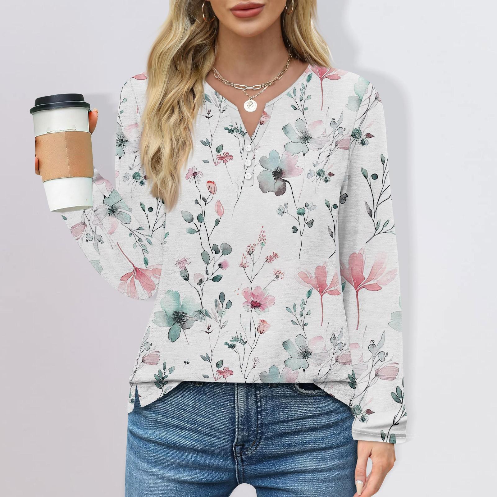 

Женская мода повседневный топ с цветочным принтом и круглым вырезом, длинными рукавами и разрезом по подолу XL белый