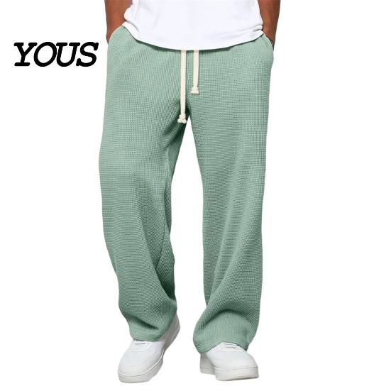 Soft Polyester Streetwear Men Waffle Baggy Trousers, Wide Leg Drawstring Waist Slacks, Loose Fit Relaxed Travel Pants Casual Sweatpants with