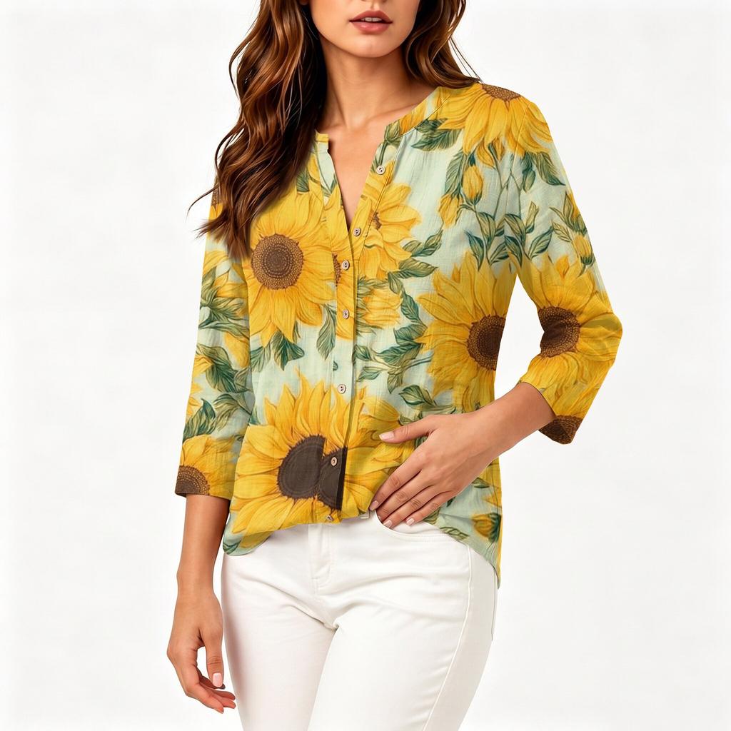 Women's Vintage Floral Print Henley Button Neck Three Quarter Sleeve Linen Cotton Shirt Casual Lightweight Blouse for Everyday Wear