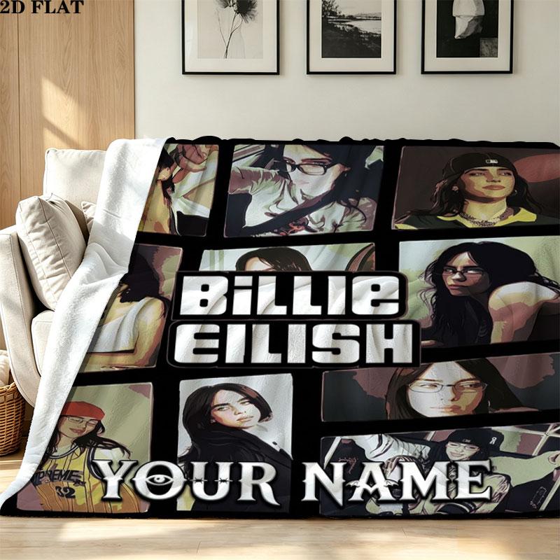 1PC Billie Eilish Custom Name Patterned Flannel Blanket Suitable For All Seasons for Home Decor Warmth and Comfort Gifts Holiday Present