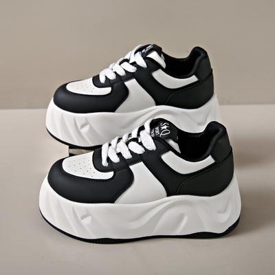Fashion 7CM Women Leather Chunky Sneakers Spring Autumn Platform Casual Shoes Lace-up Breathable Sports Shoes Woman Vulcanized Shoes
