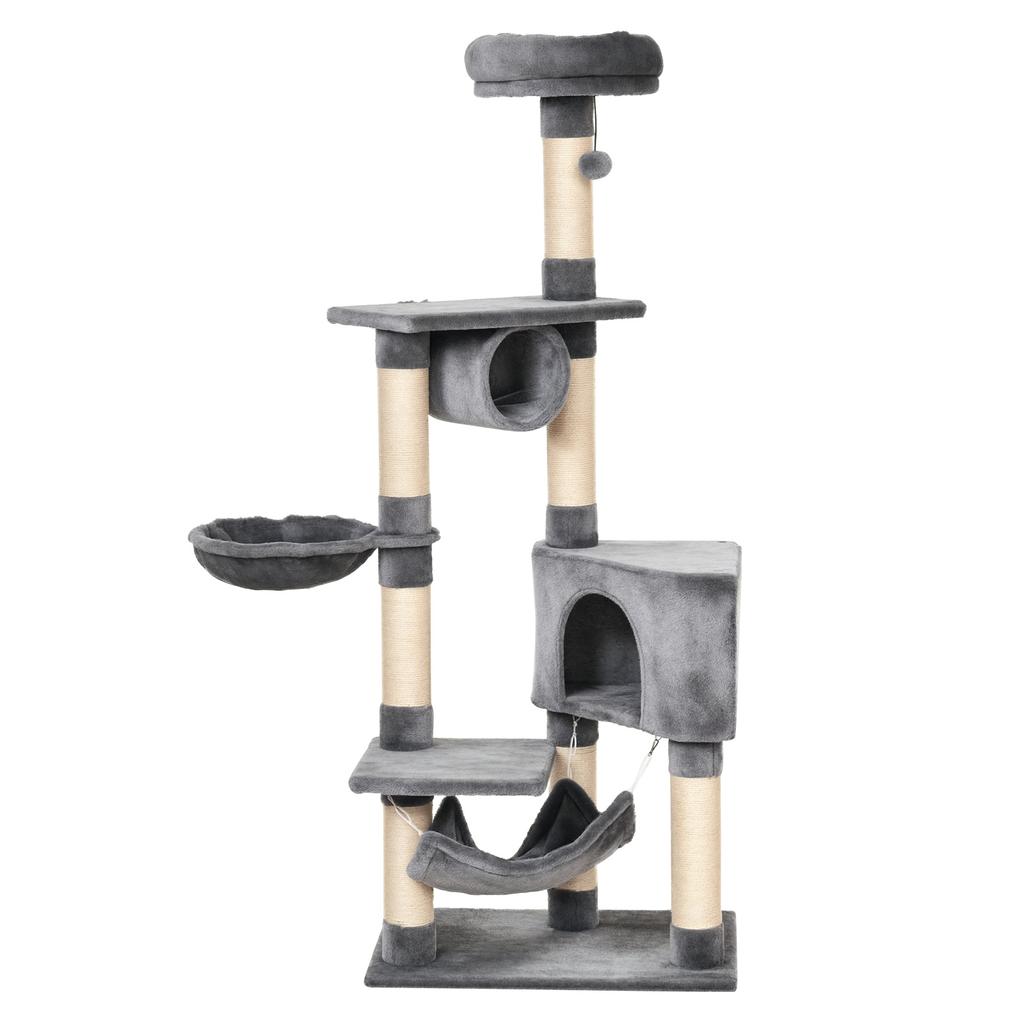 Cat Scratching Post with Bed, Hammock, and Sisal Poles, Grey