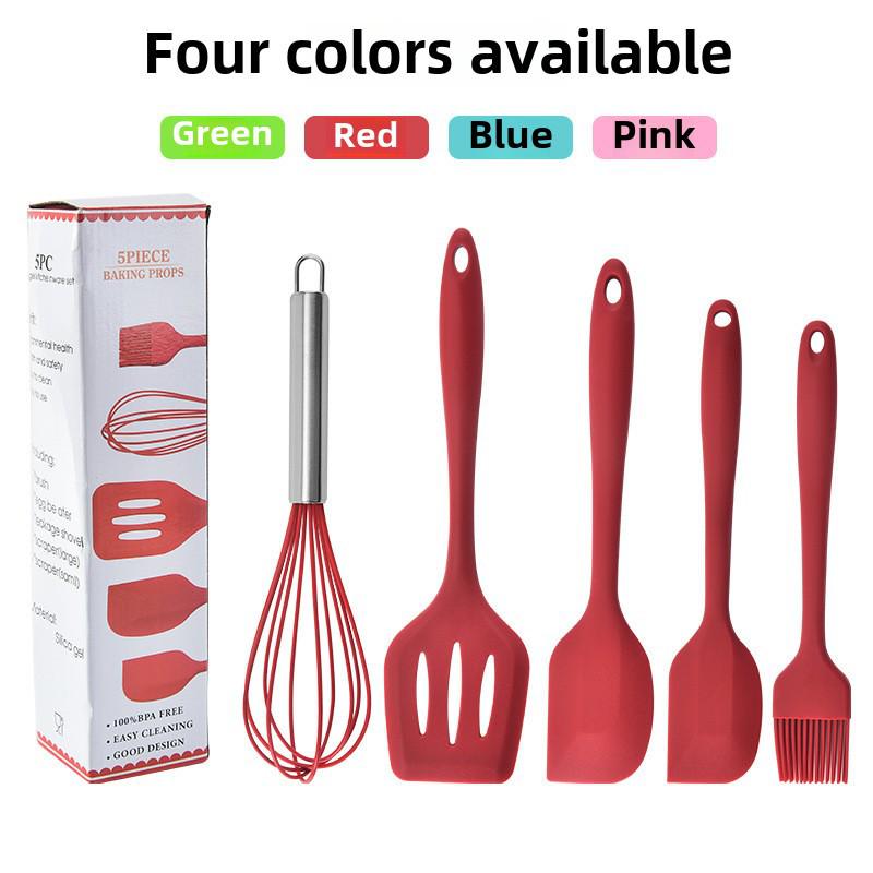 Five-Piece Silicone Kitchen Tool Set: Egg Beater, Scraper, Steak Frying Spatula, and Drain Spatula. Ideal for Baking and Cooking.