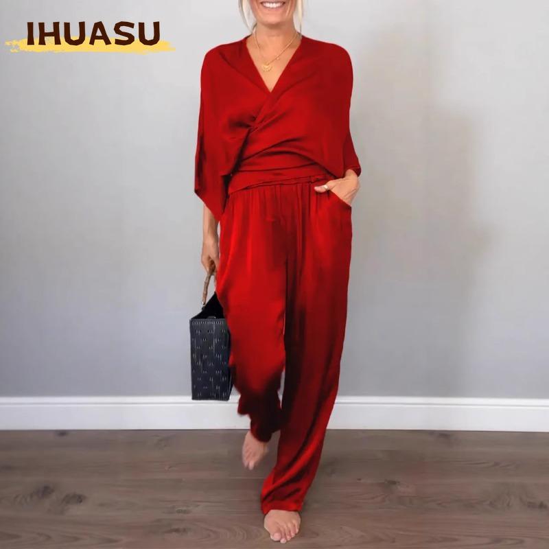 IHUASU Completi Pantalone Casual Moda Donna Manica Lunga Scollo a V