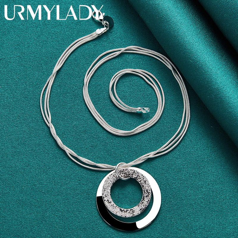 925 Sterling Silver hladký matný dvojitý kruhový náhrdelník s príveskom 18 palcov pre ženy, módne šperky