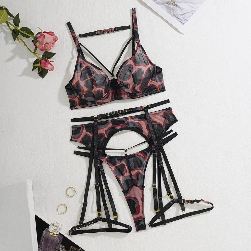 Sexy Women's Bra Set Leopard Print Ultra-Thin Lingerie Set Bra & Panty Garter Belt Set