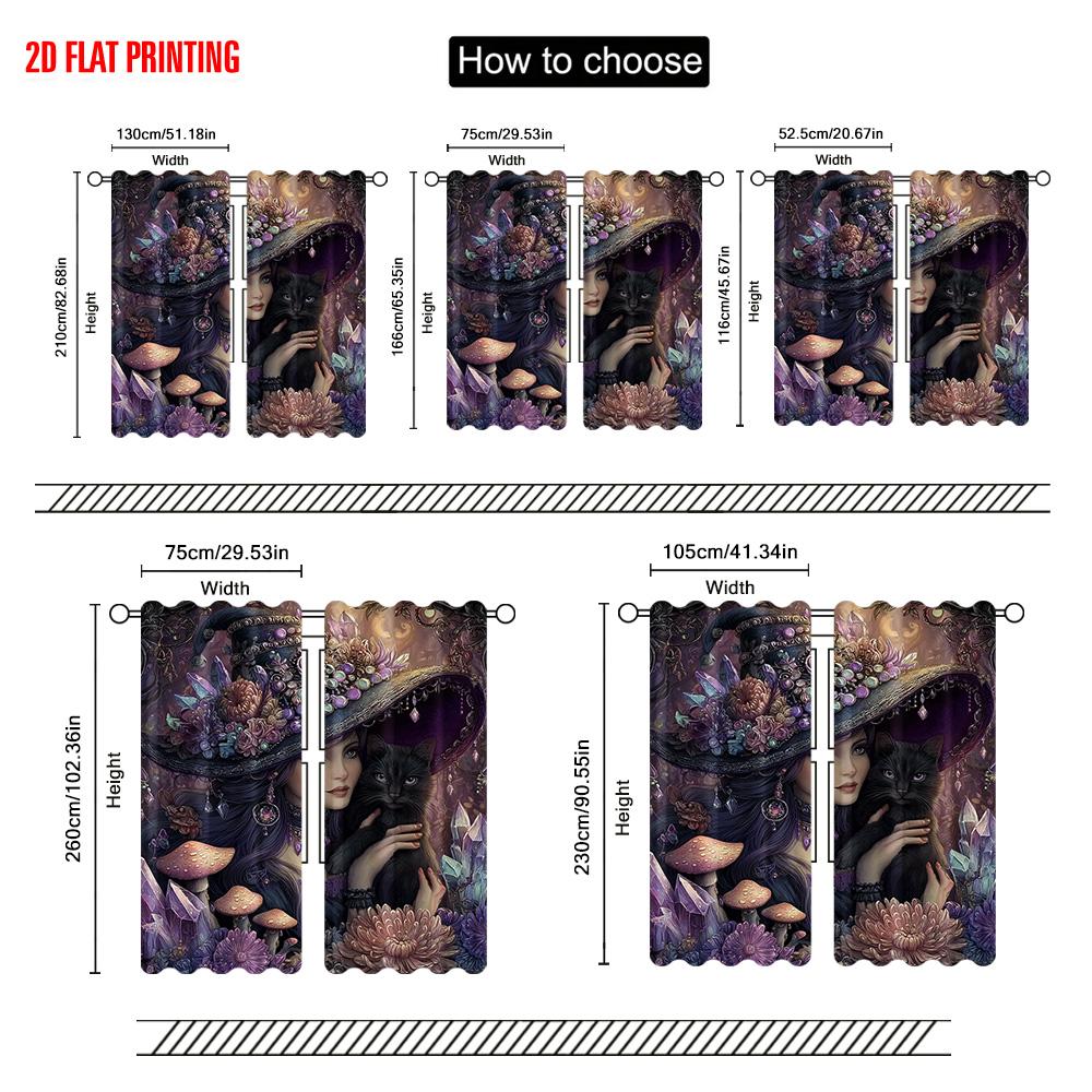 2pcs, plane printing Pattern Curtains Mysterious Witch with Cat and Mushroom Durable Polyester (without rod) All Seasons Ldeal