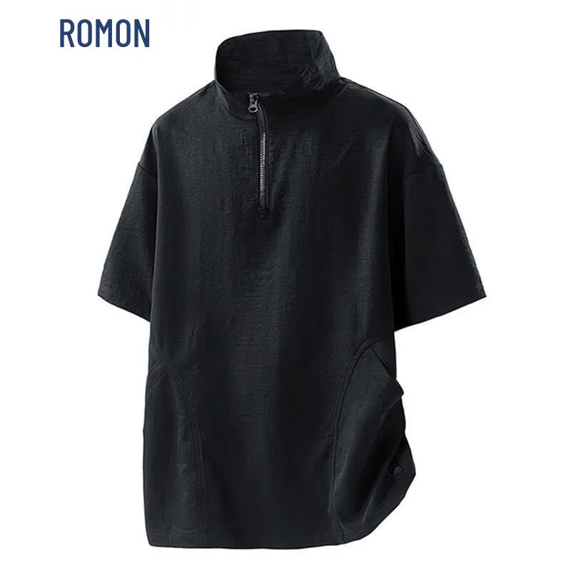 ROMON Men s 2026 New Summer Stand Collar Zipper Short Sleeve T-Shirt 5XL