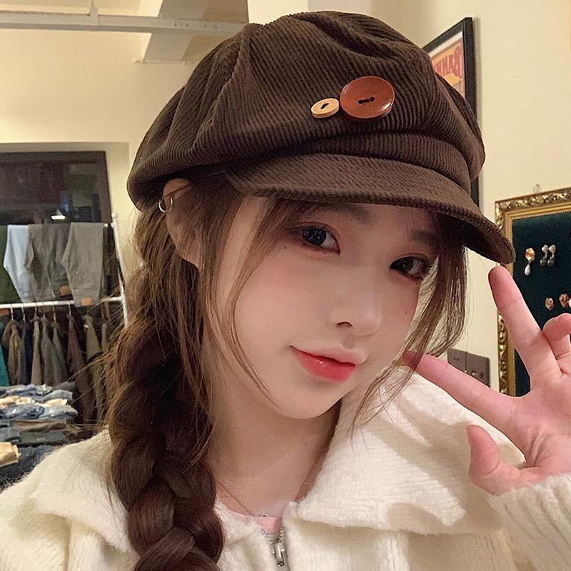 RICYGVM Retro Button Corduroy Octagonal Cap For Women Painter Artist Hat Japanese Girls Brown Peaked Caps Autumn Winter Berets