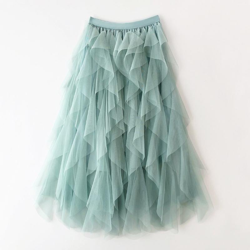 Manufacturer, Elastic Waist Fashionable Versatile and Thin Mesh Stitching Irregular Medium and Long Skirt