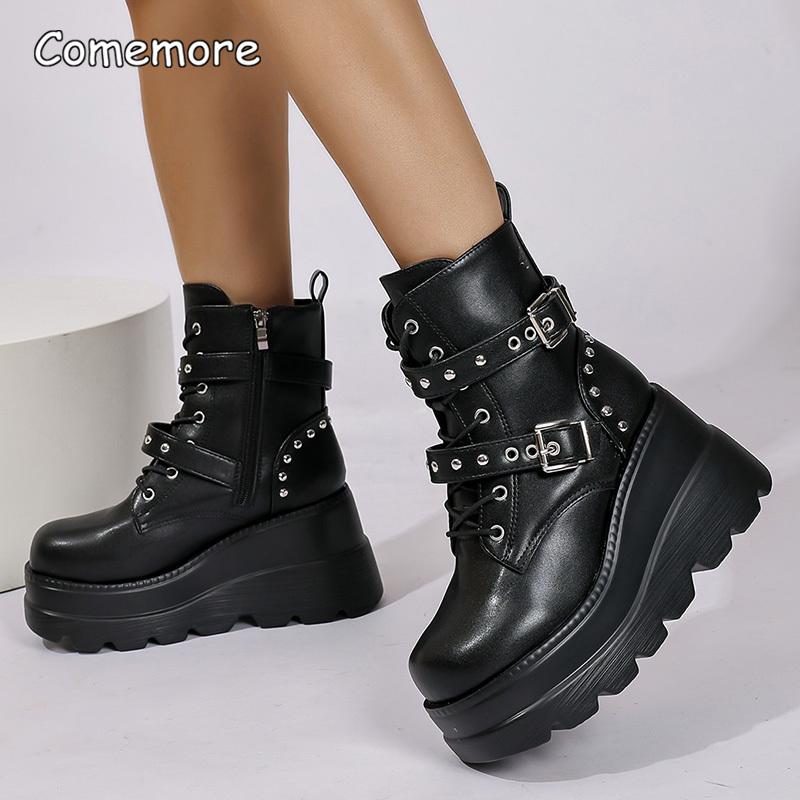 Fashion Women's Gothic Chunky Platform Ankle Boots Thick Bottom Wedges PU Leather Shoes Woman Rivet Buckle Decor Black Punk Boots 35 43